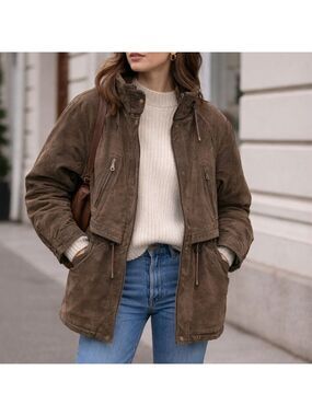 Vintage 80s Brown Suede Utility Coat Womens S Leather Longline Safari Distressed